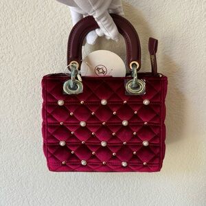 Wine Red Quilted Jeweled Velour Pearl Top Handle Satchel Lady Bag Crossbody S7